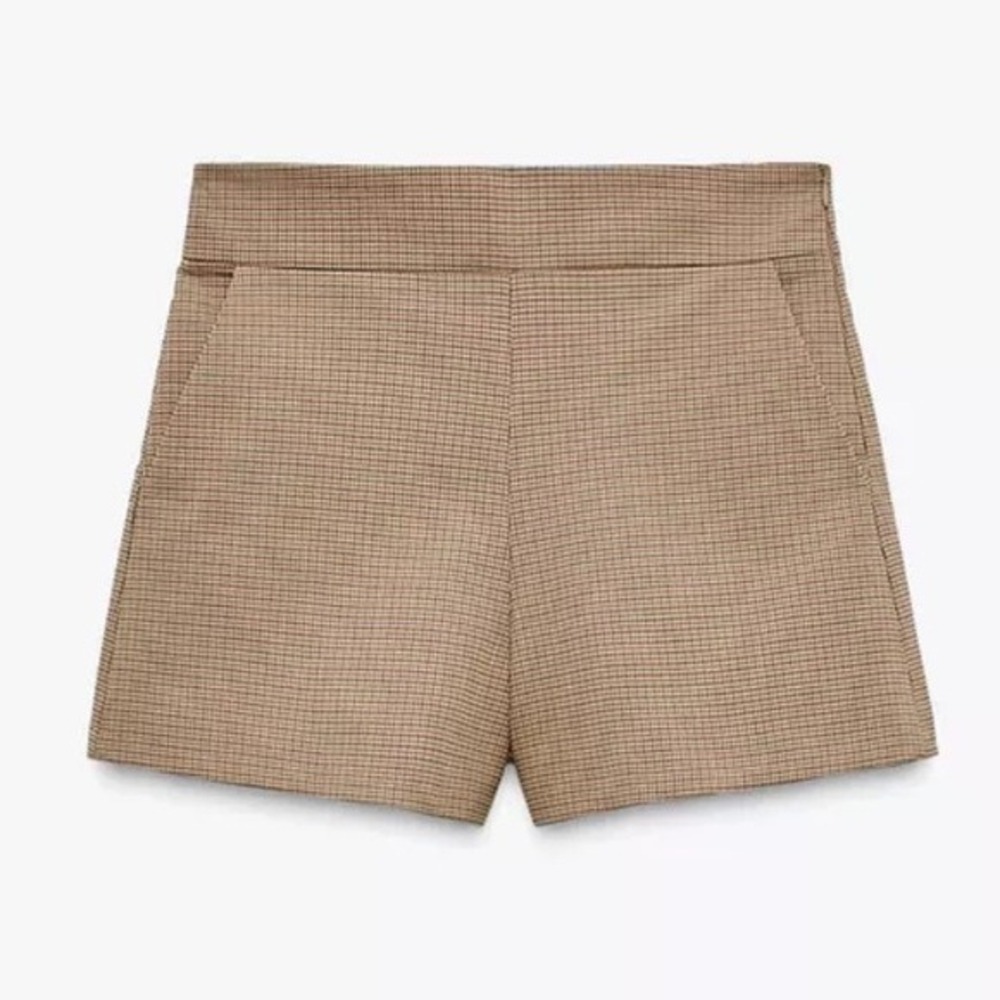Zara Brown Gingham Plaid High Waisted Shorts Side Zip Size L NWT